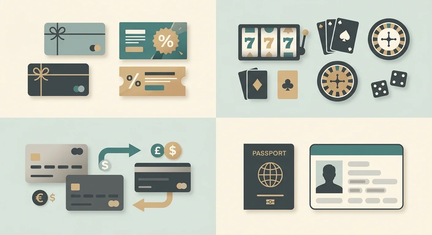 Four-panel illustration representing bonus terms, casino games, payments and identity verification